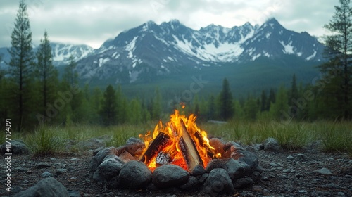 Campfire surrounded by mountains and trees on a cloudy evening in the wilderness