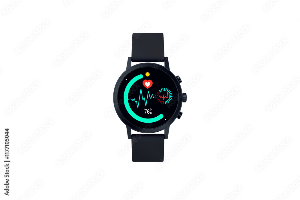 A sleek smartwatch displaying heart rate and health metrics with vibrant, colorful icons and a modern design. A sleek smartwatch displaying heart rate and health metrics with vibrant, colorful icons and a modern design.