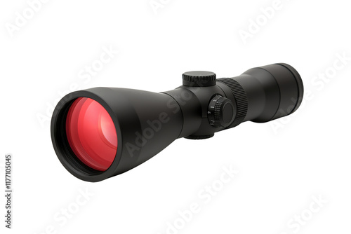 A sleek black rifle scope with a prominent red lens, designed for precision aiming and enhanced visibility in various lighting conditions. photo