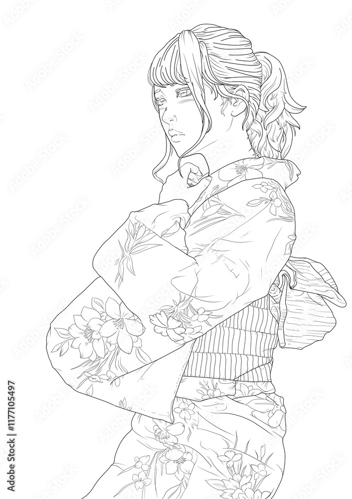 Line drawing young woman kimono. Manga style. Japanese woman in kimono. Line drawing young woman kimono. Manga style. Japanese woman in kimono.
