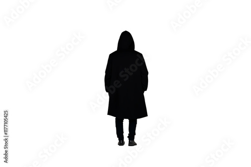 The image features a figure dressed in dark clothing, standing with its back turned, conveying an air of mystery and solitude.