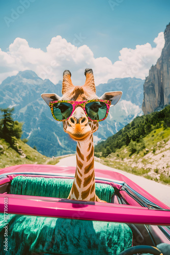 Giraffe in sunglasses summer background
 photo