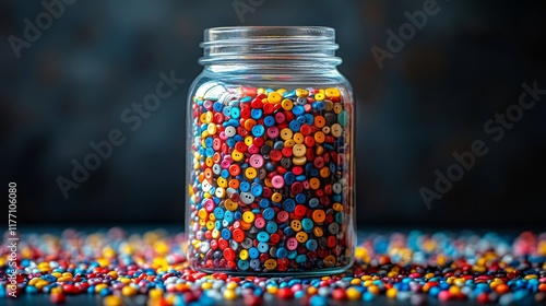 Colorful assortment of buttons in a glass jar surrounded by scattered buttons...