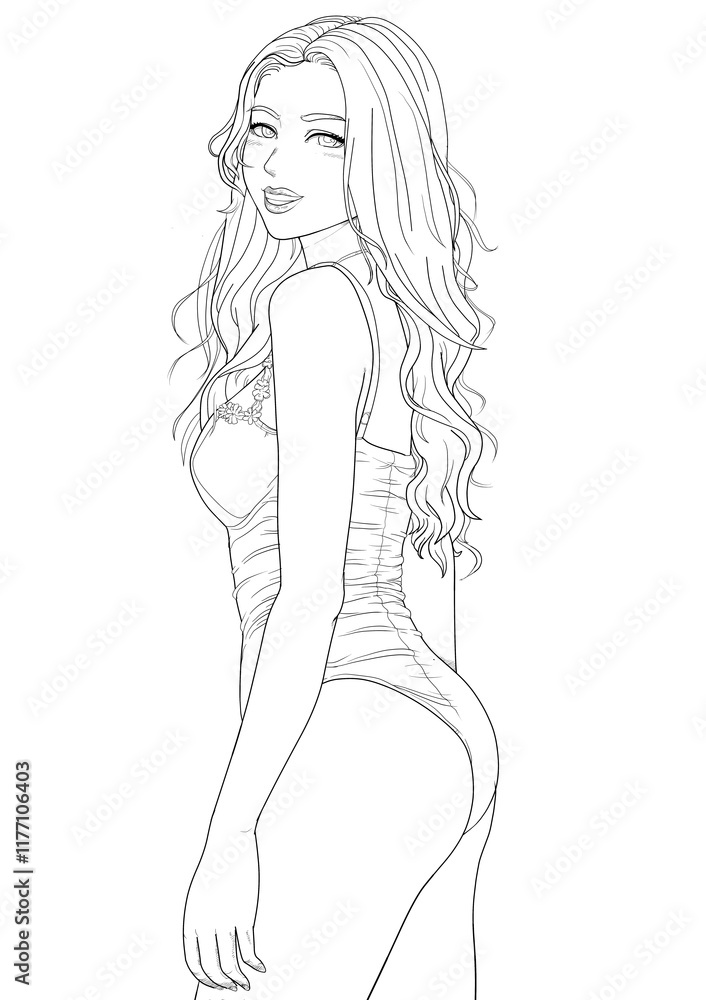 Cheerful young woman in swimsuit. Line drawing cute woman Cheerful young woman in swimsuit. Line drawing cute woman