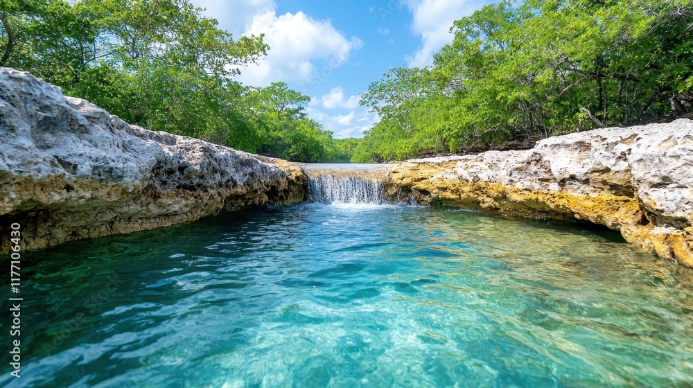 Naklejka premium The Blue hole waterfall is a serene and secluded natural wonder, where the crystal clear blue water cascades gently over smooth rocks into a hidden pool below