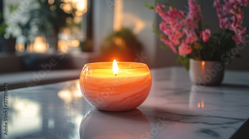 Relaxing ambiance created by a glowing candle on a marble table during sunset
