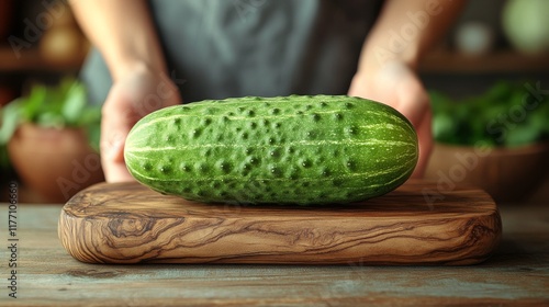 Fresh cucumber on wooden cutting board with herbs in pots on kitchen counter