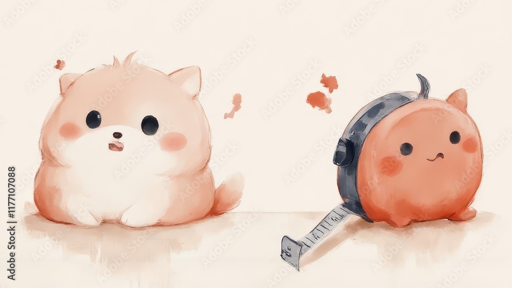 Cute dog, tape measure, illustration, growth chart, beige background. Cute dog, tape measure, illustration, growth chart, beige background.