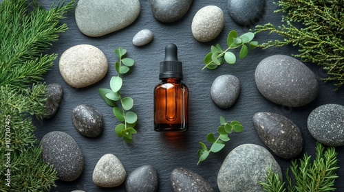Sleek glass bottle of essential oil resting on smooth stones in a lush green ...