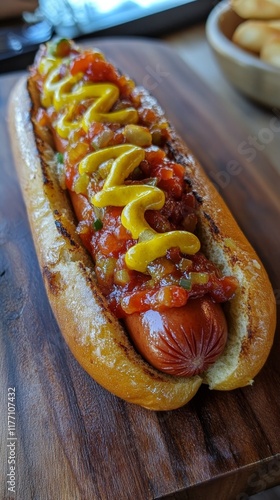 Delicious hot dog topped with mustard, onions, and relish on a wooden board i...