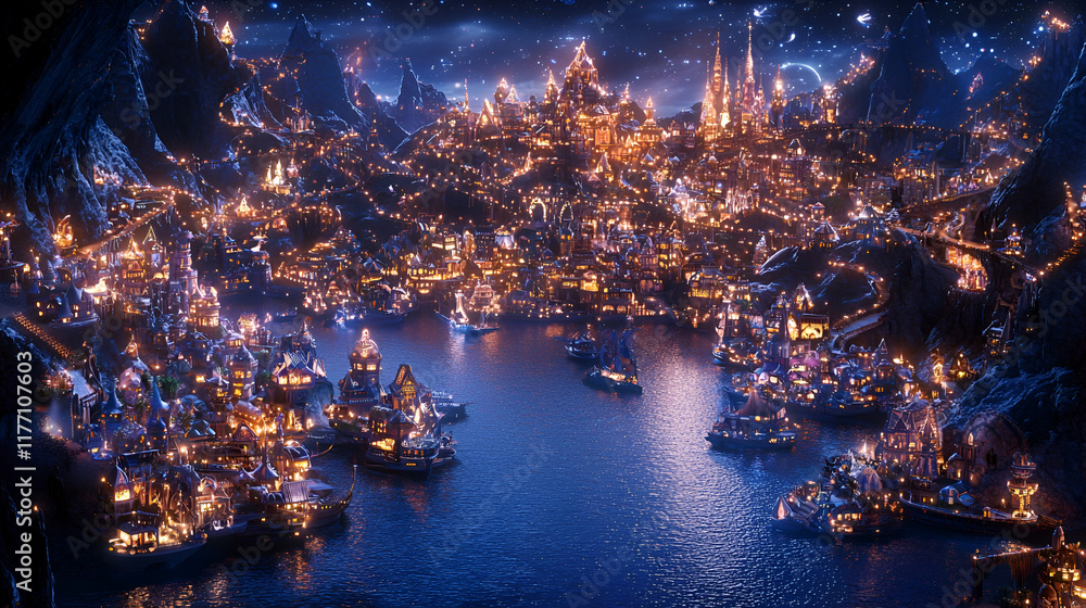 Fototapeta premium Night view of a magical, illuminated coastal city nestled in mountains, with many ships in the harbor.