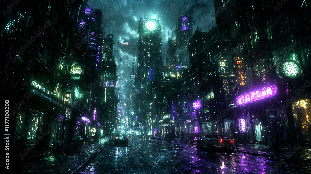 Fototapeta premium Cyberpunk Cityscape: Rain-Soaked Streets and Neon Lights. A Futuristic Digital Painting of a Dark, Atmospheric City at Night.
