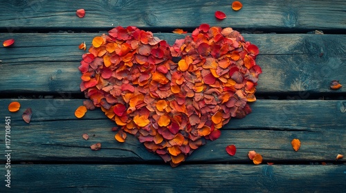 Heart shape made of colorful flower petals arranged on wooden surface