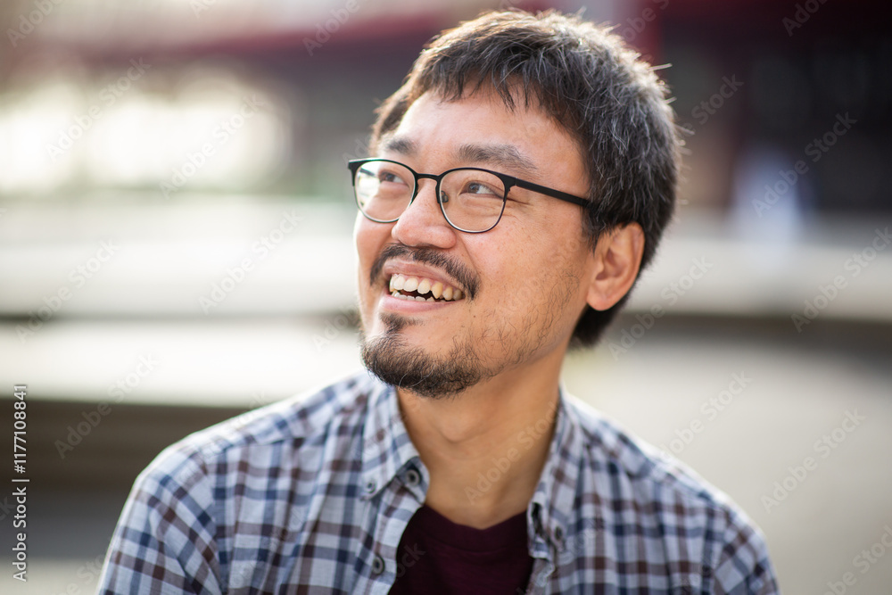 Fototapeta premium Close-up portrait of smiling Asian man looking away outdoors