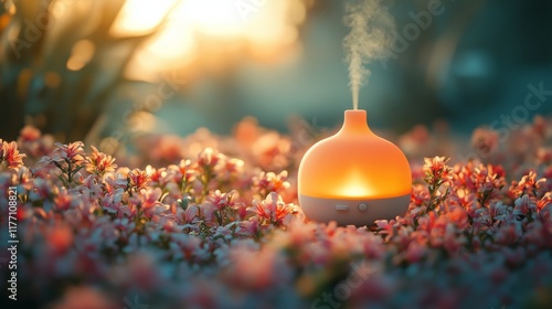 Soft morning light illuminates a decorative vase and blooming flowers by the ...