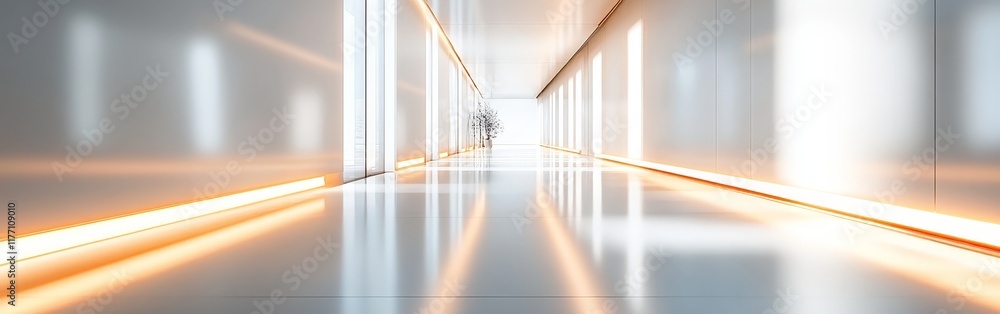 Fototapeta premium A futuristic white corridor with glowing accents, evoking advanced technology and a showroom atmosphere.