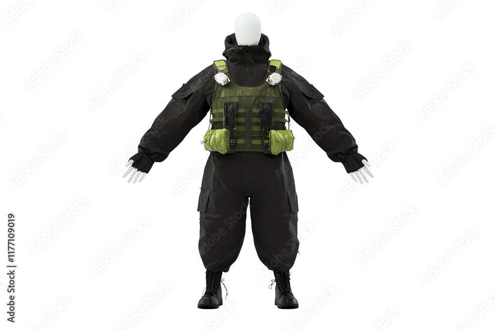A tactical outfit featuring a black jumpsuit and a green tactical vest, designed for durability and functionality in various conditions. A tactical outfit featuring a black jumpsuit and a green tactical vest, designed for durability and functionality in various conditions.