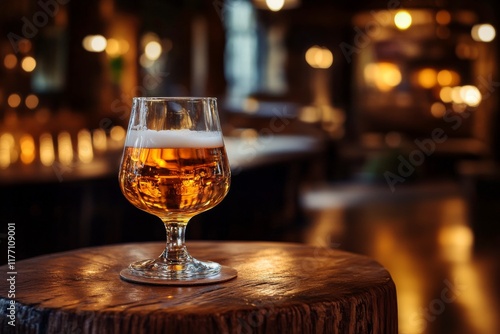 Sparkling golden beer served in a glass against a cozy background during the ...