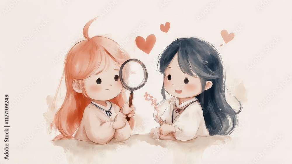 Girls examine flower with magnifying glass, hearts background, website illustration. Girls examine flower with magnifying glass, hearts background, website illustration.