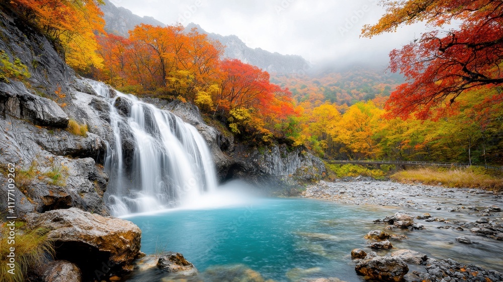 The vibrant hues of red, orange, and yellow foliage cascade down the rocky cliffs surrounding the crystal clear blue pool at the base of the majestic waterfall The vibrant hues of red, orange, and yellow foliage cascade down the rocky cliffs surrounding the crystal clear blue pool at the base of the majestic waterfall