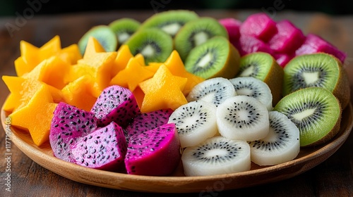 Colorful fruit platter featuring kiwi, dragon fruit, and melon arranged artfu...