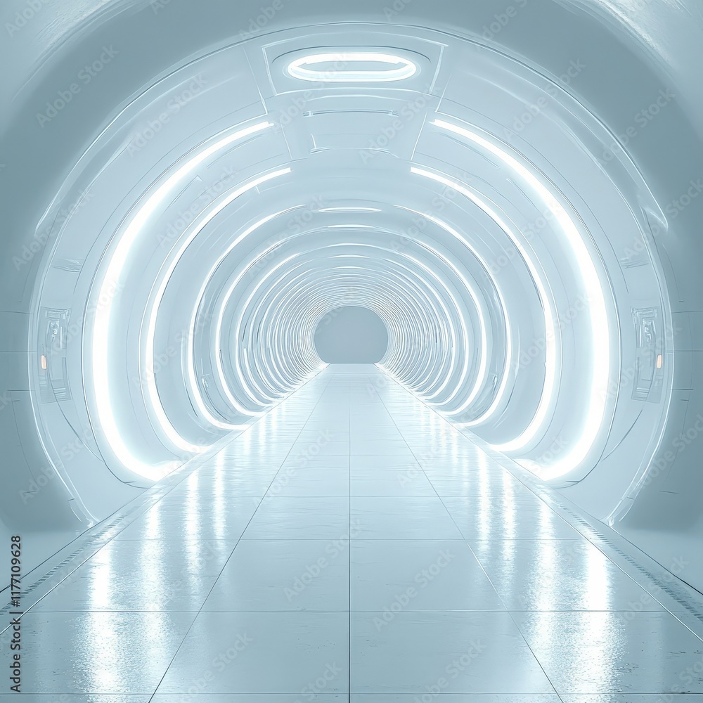 Naklejka premium A futuristic white corridor with glowing accents, evoking advanced technology and a showroom atmosphere.