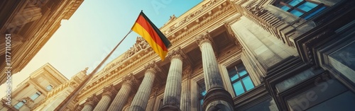 The German flag with a historic building in the background  symbolizing national pride and cultural heritage.