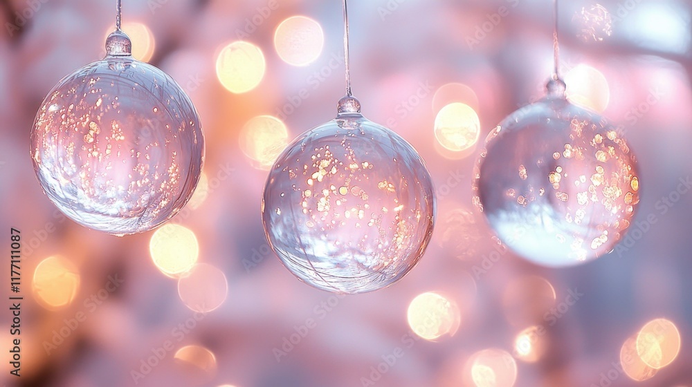 Glass ornaments hanging with illuminated background bokeh Glass ornaments hanging with illuminated background bokeh