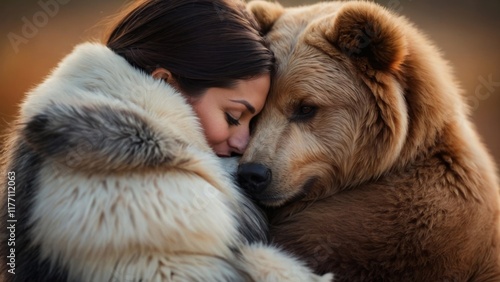 A girl hugs a live bear. January 21 - International Hug Day. photo