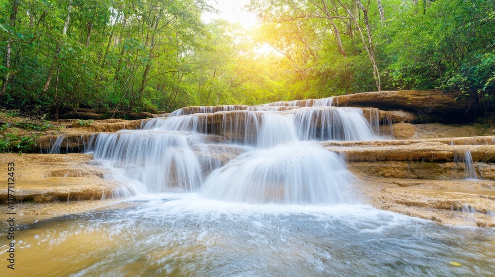 Fototapeta premium The deep forest waterfall at Erawan waterfall cascades gracefully down multiple tiers, surrounded by lush greenery and illuminated by shimmering sunlight rays filtering through the canopy above.
