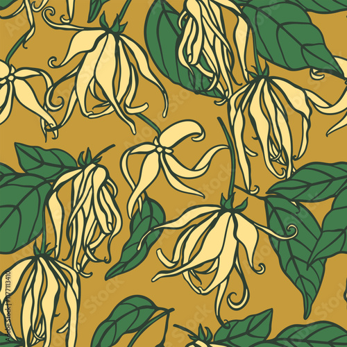 Ylang ylang flowers hand drawn seamless pattern. Colorful floral design for fabric, textile, wrapping paper, gift paper