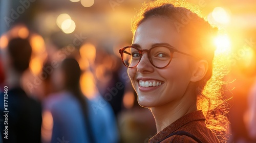 Smiling Woman at Job Fair with Bright Backdrop