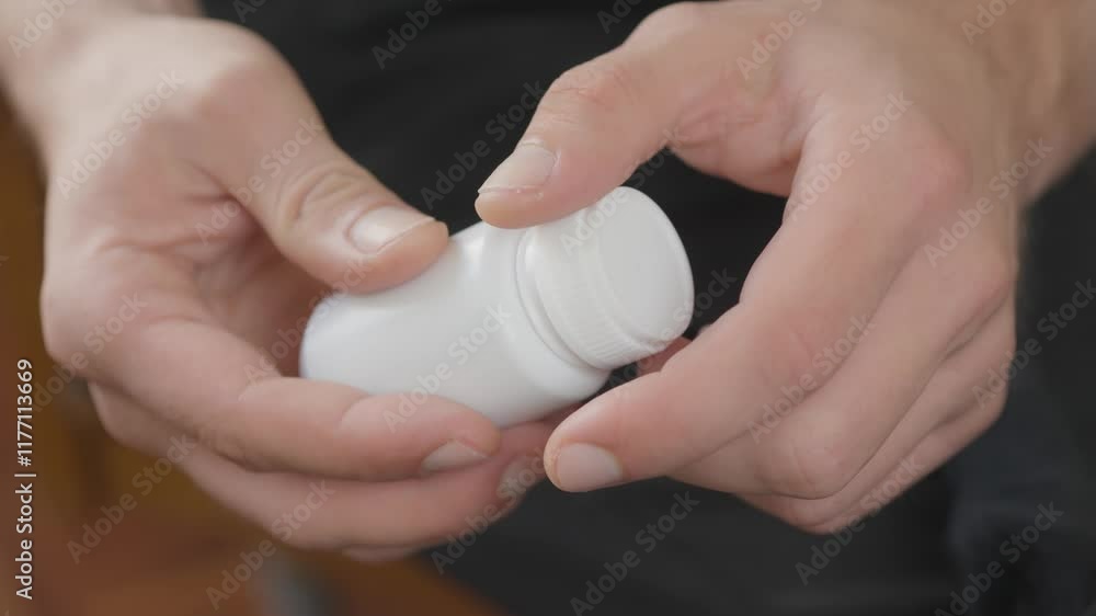 Close-up of hands opening a white bottle, commonly used for medicine or supplements, representing health and medical care. Depicts safe storage or use of medications in everyday scenarios. Close-up of hands opening a white bottle, commonly used for medicine or supplements, representing health and medical care. Depicts safe storage or use of medications in everyday scenarios.