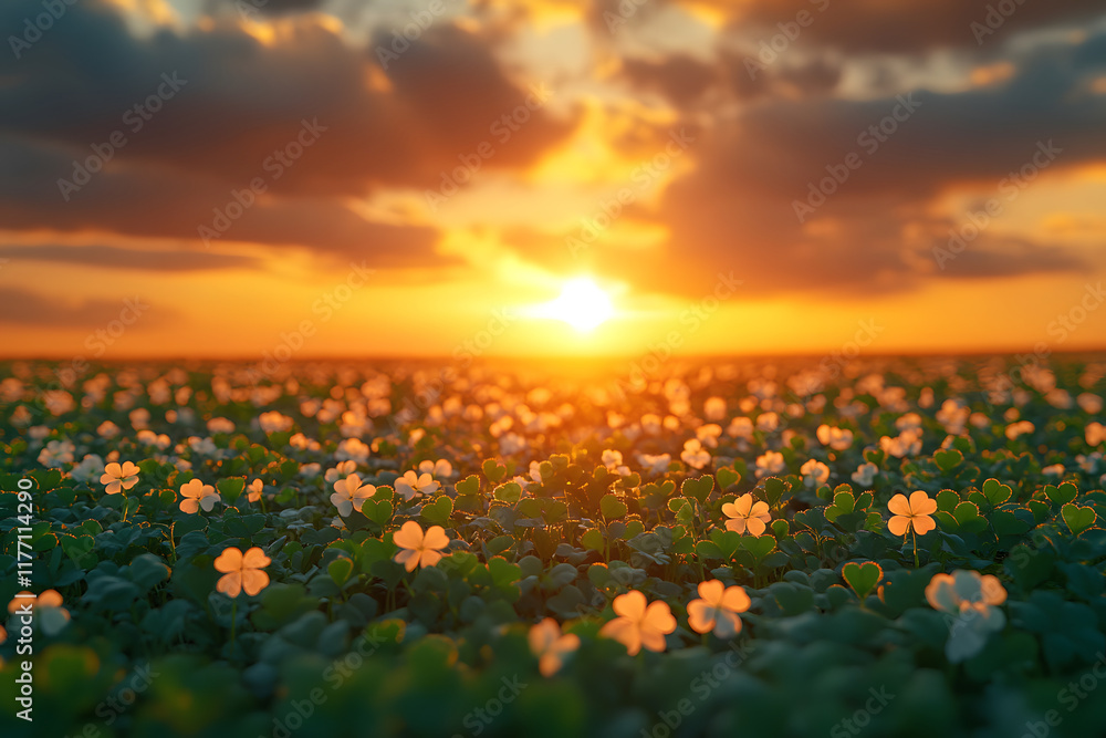 Fototapeta premium St. Patrick’s Day. A magical landscape filled with glowing shamrocks under a golden sunset, with a rainbow in the background