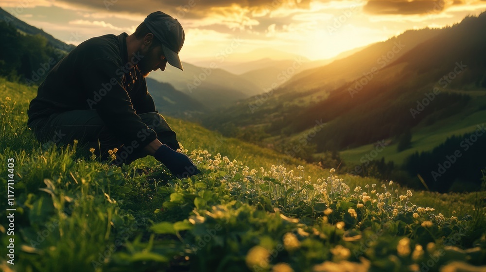 Fototapeta premium Farmer harvesting flowers at sunset in a mountainous landscape