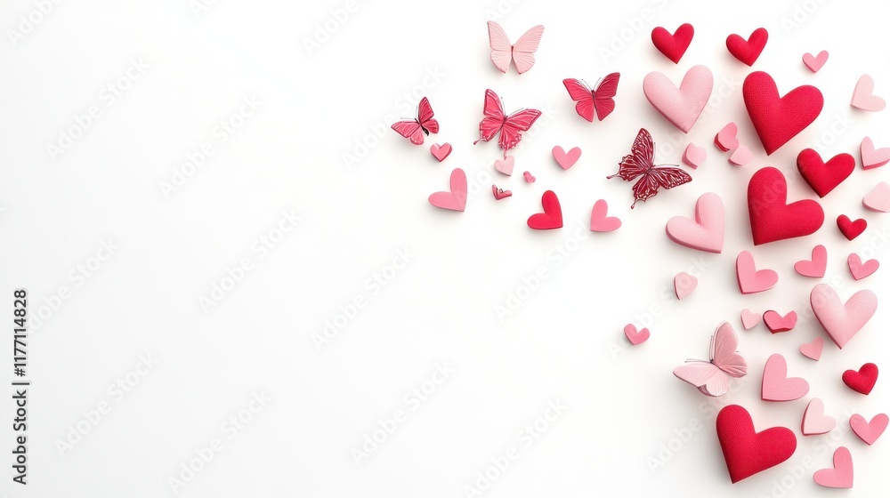 delightful arrangement of red and pink hearts with butterflies on white background creates romantic and whimsical atmosphere delightful arrangement of red and pink hearts with butterflies on white background creates romantic and whimsical atmosphere