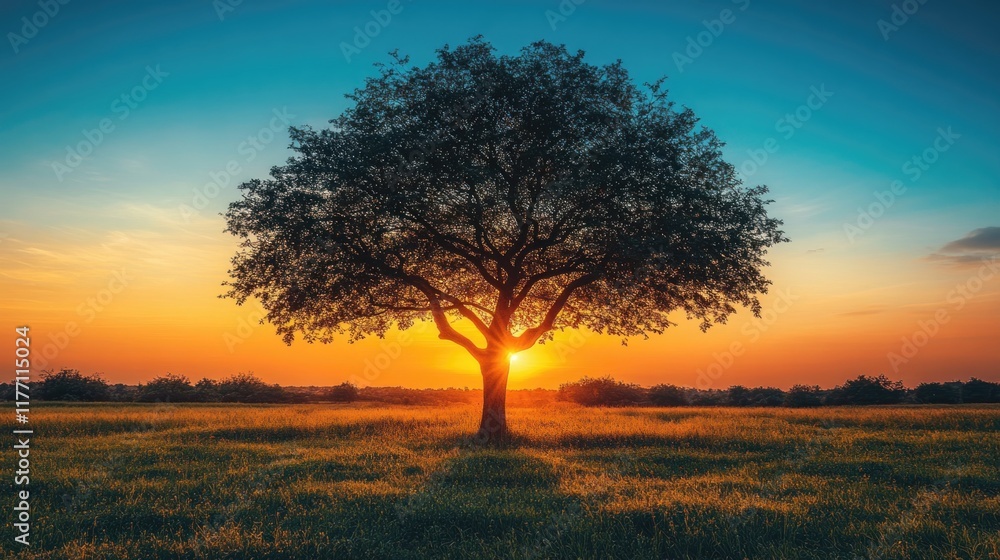Solitary tree silhouetted at sunset over a field. Peaceful nature scene, ideal for calming backgrounds Solitary tree silhouetted at sunset over a field. Peaceful nature scene, ideal for calming backgrounds