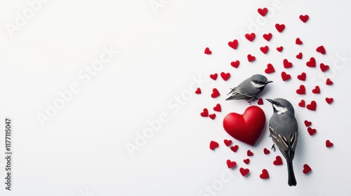 Two small birds surrounded by romantic red hearts on white background, creating charming and affectionate scene