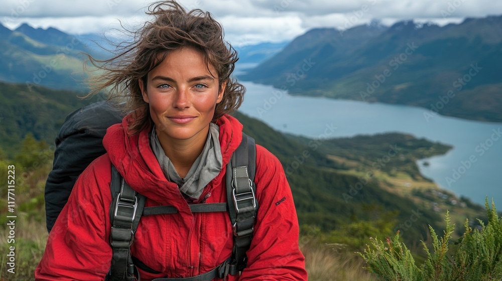 Adventurous woman, mountain peak, lake view, travel Adventurous woman, mountain peak, lake view, travel