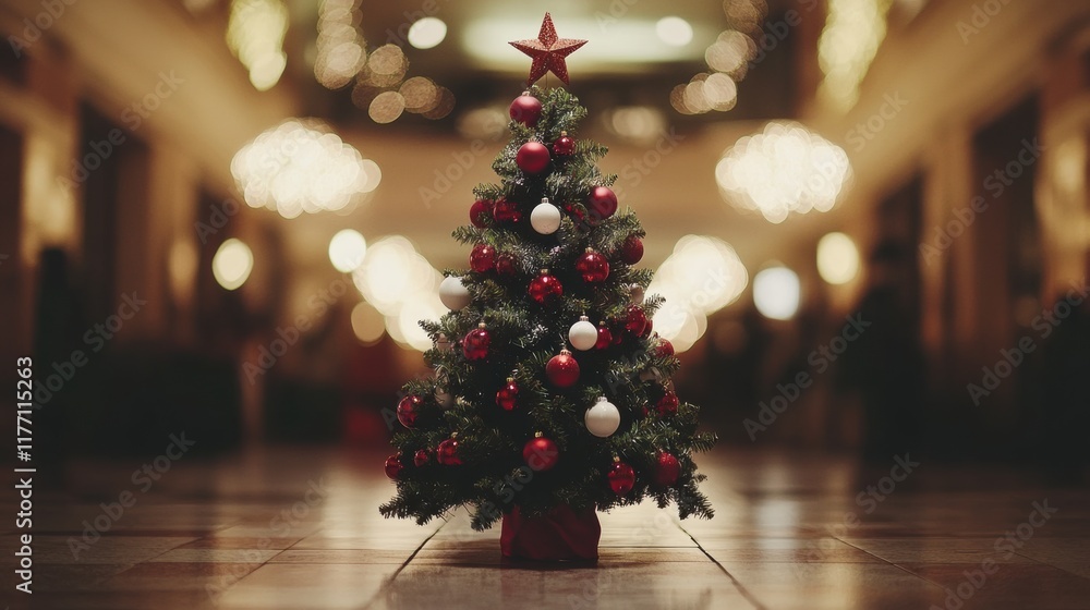 Vibrant Christmas tree decorated with ornaments in festive setting Vibrant Christmas tree decorated with ornaments in festive setting