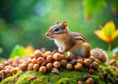 Adorable Chipmunk Feasting on Hazelnuts in Miniature Wild Setting photo