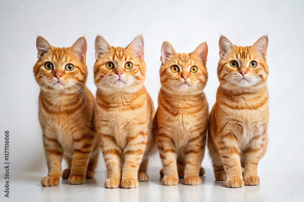 Obraz premium Adorable Chubby Orange Tabby Cats in a Row, White Background - Stock Photo