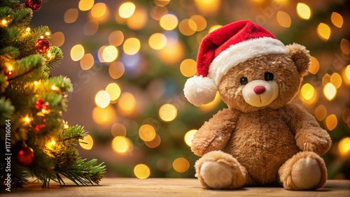 Adorable Christmas Teddy Bear, Festive Holiday Gift, Left Side Copy Space