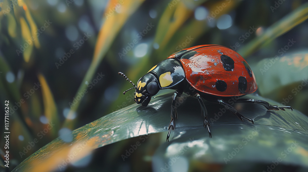Obraz premium ladybug with vivid red and black markings rests on green leaf, surrounded by blurred foliage and soft light, creating serene and natural atmosphere