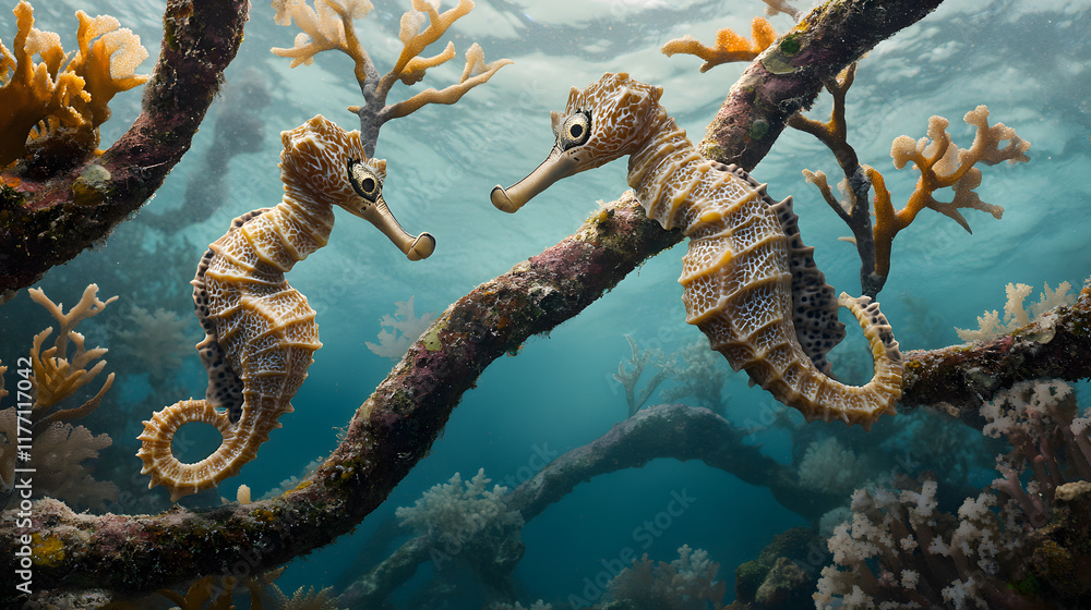 Fototapeta premium pair of seahorses clinging to coral branches in vibrant underwater scene