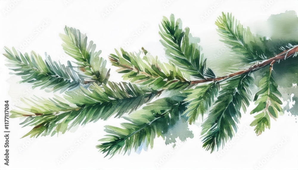 Watercolor Painting of Green Pine Tree Branches with Detailed Needles, Perfect for Nature Themed Designs, Holiday Backgrounds, or Eco Friendly Concepts Watercolor Painting of Green Pine Tree Branches with Detailed Needles, Perfect for Nature Themed Designs, Holiday Backgrounds, or Eco Friendly Concepts