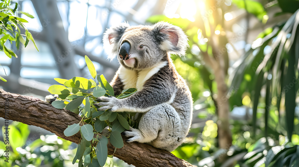 Fototapeta premium Koala sitting upright on eucalyptus tree branch, enjoying leaves in sunlight