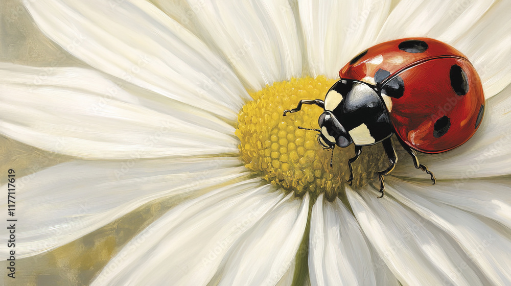 red ladybug crawls across petals of white daisy, showcasing nature beauty and simplicity. vibrant colors and delicate details create serene and captivating scene red ladybug crawls across petals of white daisy, showcasing nature beauty and simplicity. vibrant colors and delicate details create serene and captivating scene