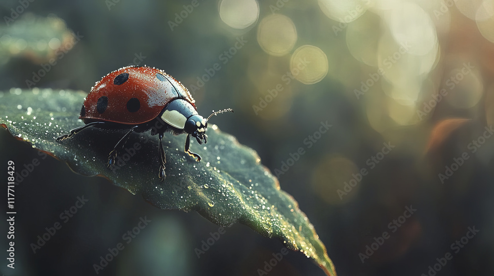 Fototapeta premium stunning close up of ladybug perched on leaf, its vibrant red shell glistening with dew in soft morning light, creating serene and captivating scene