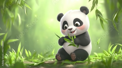 Cute cartoon panda cub eating bamboo in a lush forest. photo